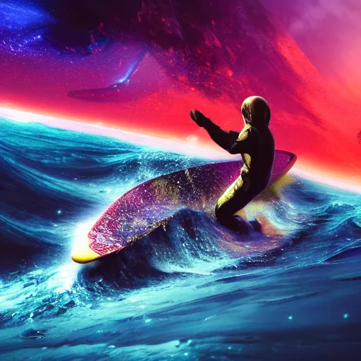 Image similar to photo of a alien surfing a surfboard on a crashing l wave of alien ocean in space, background is an alien galaxy, aliens in the background, alien colors, octane render, unreal engine, wide view, 8 k, high detaild