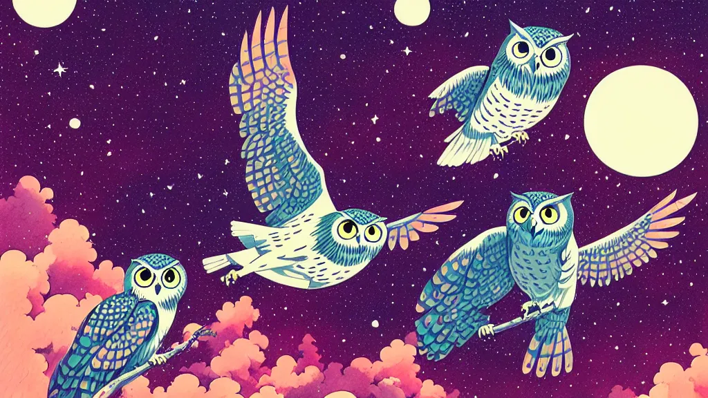 Image similar to very detailed, ilya kuvshinov, mcbess, rutkowski, watercolor illustration of owls flying at night, colorful, deep shadows, astrophotography, highly detailed