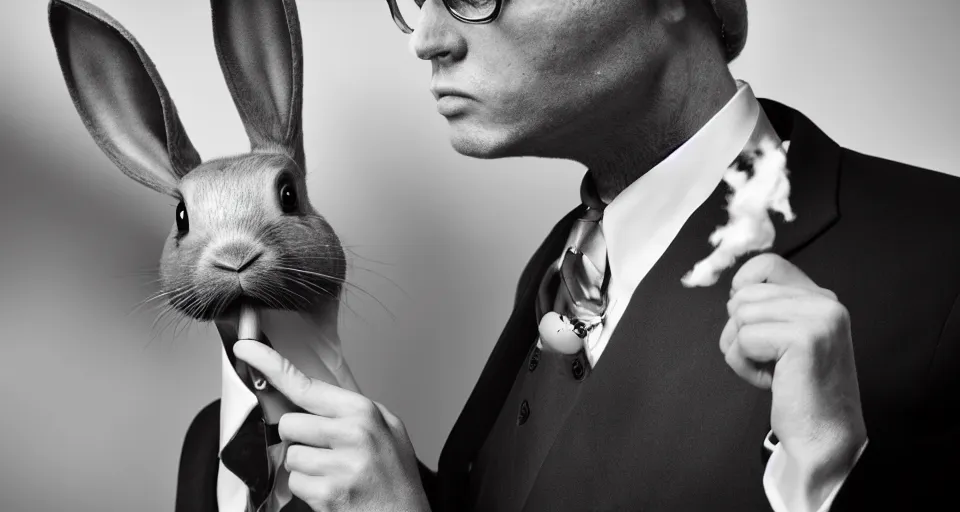 Image similar to a humanoid rabbit wearing a peak lapel suit and smoking a cigarette, chiaroscuro, medium shot, cinematic promo material