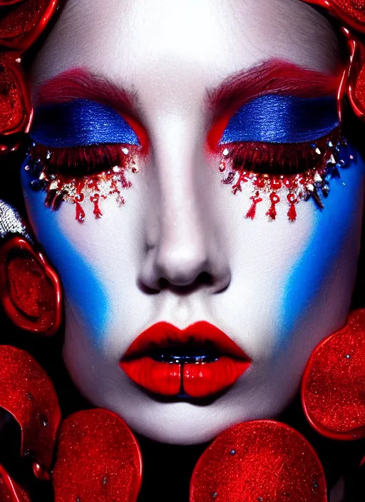 Image similar to a female high fashion model wearing a jeweled face crown, dark eye make - up, red lips, alexander mcqueen, haute couture, artstation, high detail, black, red and blue, by mobius, painterly, 8 0's airbrushed, film still, cinematic composition