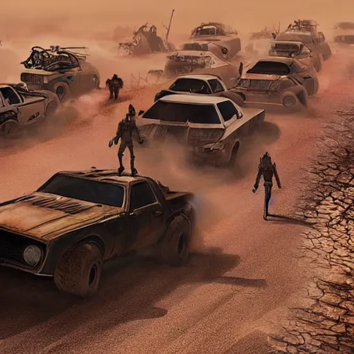 Image similar to a post apocalyptic car chase in the style of mad max, heavily modified cars, low camera angle, truck racing into camera, concept art for a movie
