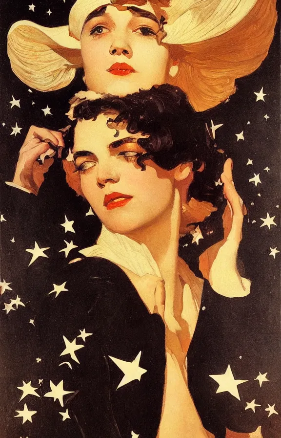 Prompt: a face+stars+moon+semi-realism painting: j.c. leyendecker