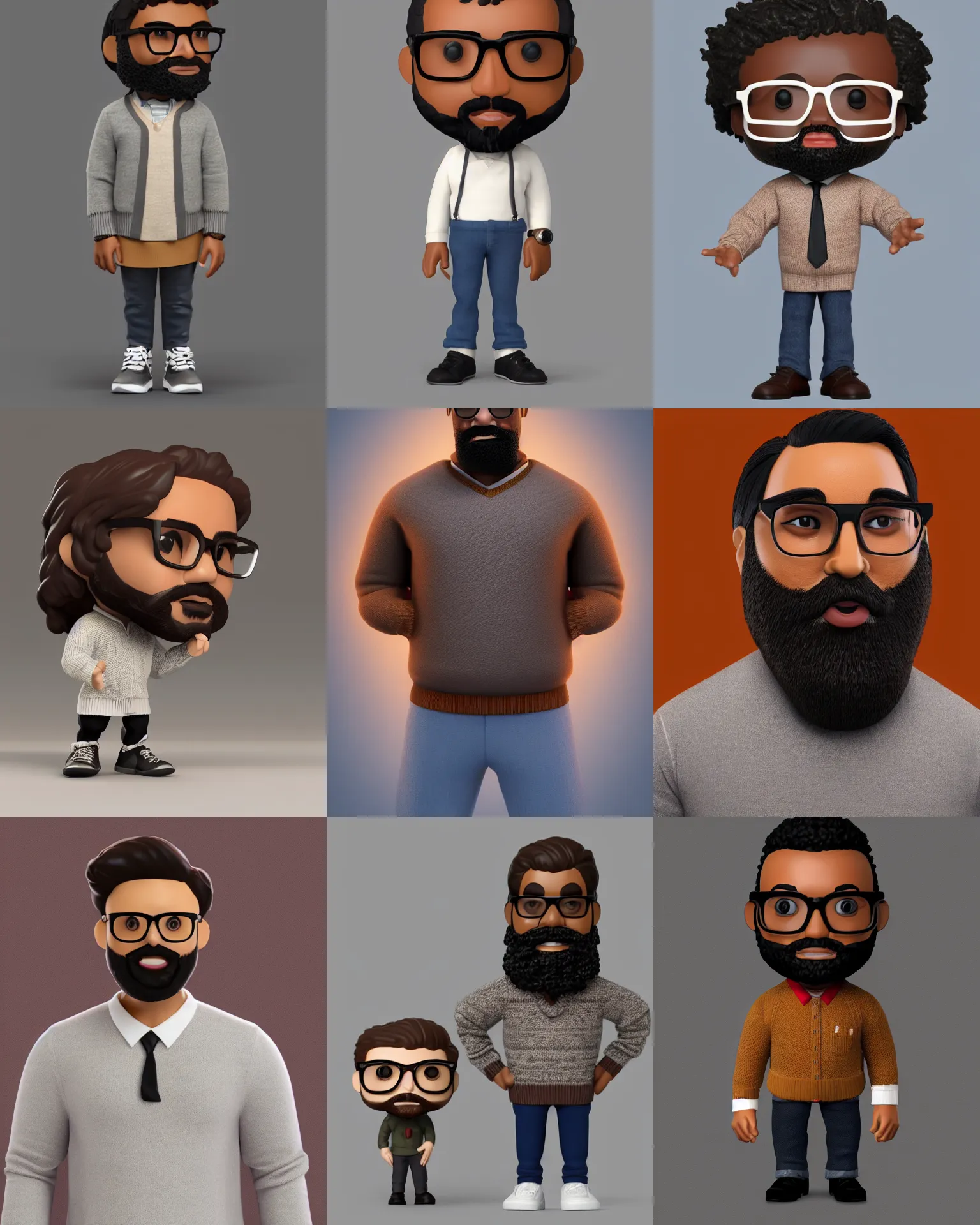 Prompt: full body 3d render of brown man with beard, glasses, sweater with shirt collar as a funko pop!, studio lighting, grey background, single body, no shadow, blender, trending on artstation, 8k, highly detailed