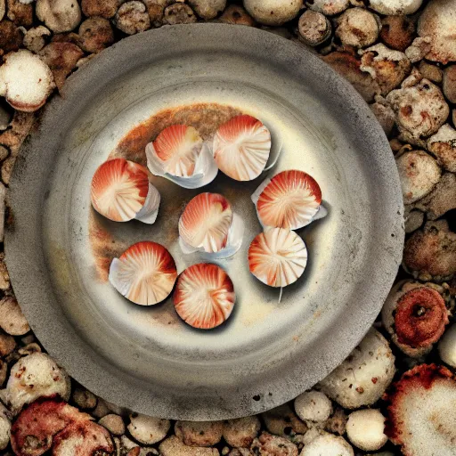 Prompt: a plate of scallops superimposed on a destroyed seabed zenith view