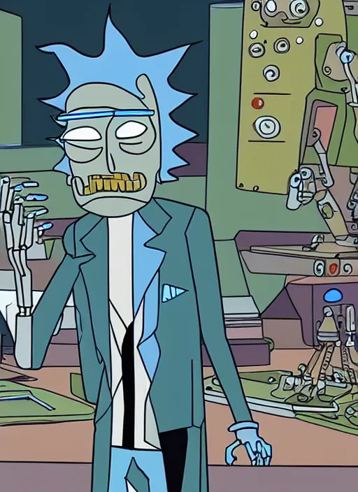 Image similar to an artificial intelligence in a robot short circuiting why studying how human hands look, rick and morty art style illustration, location is a robot factory