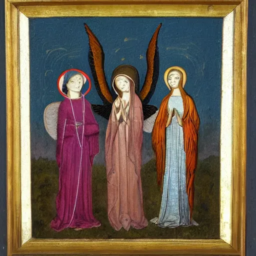 Image similar to religious painting of 3 women at a tomb. two angels in the background