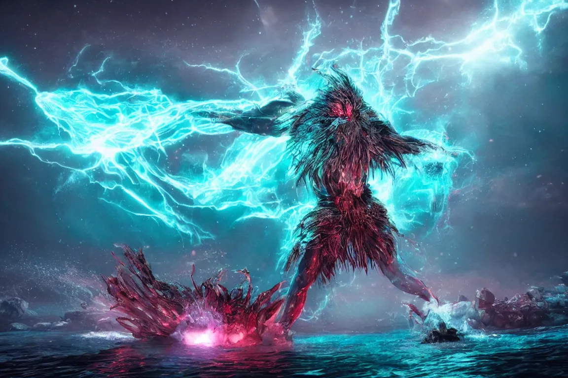 Image similar to colossal shaman god destroying very living thing in the ocean, made of lasers, cast across the night sky, 8 k, ultra realistic, lens flare, atmosphere, glow, detailed, intricate, full of colour, cinematic lighting, trending on artstation, 4 k, hyperrealistic, focused, extreme details, unreal engine 5, cinematic, masterpiece