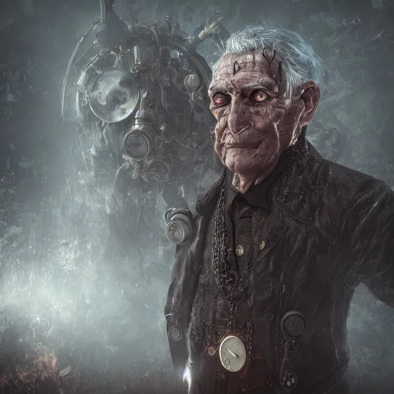 Image similar to a portrait of a steampunk elderly man as a demon on hell, dark, foggy, eerie, splash, sparkle, smoke, particles, octane render, unreal engine, artstation, digital art.