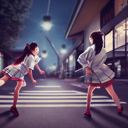 Image similar to two japanese schoolgirls fighting in the parking lot of a store at night, intricate details, complementary lighting, detailed face, backlighting, octane render, raytraced, depth of field, extremely detailed, trending in artstation, sharp focus, radiant light, beautiful composition, yihao ren, zochi, zero - hour, jean paul fiction