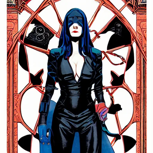 Image similar to Phil Noto comic art, wide shot, stunning elegant female Eva Green, Indigo Magician, beautiful evil sneer, symmetrical face, symmetrical eyes, leather clothing and boots, long straight red hair, full body, Indigo occult pattern