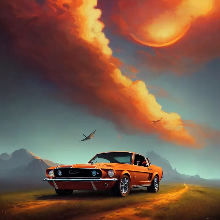 Image similar to a 1 9 6 8 mustang from behind driving down a country road, coriolios rpg art style, full of details, warm sunset colors, matte painting, artstation, 8 k, hyperrealistic, style of peter mohrbacher, album cover