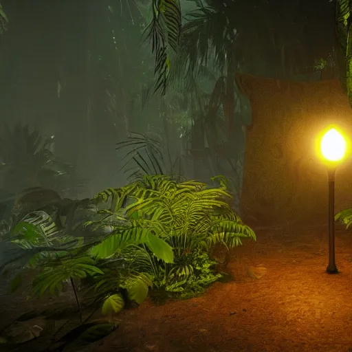 Image similar to « dark jungle, group of persons exploring with lamps, far view, unreal engine 5, photorealistic »