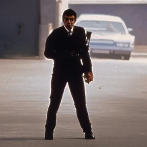 Prompt: A still of Mr Bean as the Terminator in The Terminator (1984)