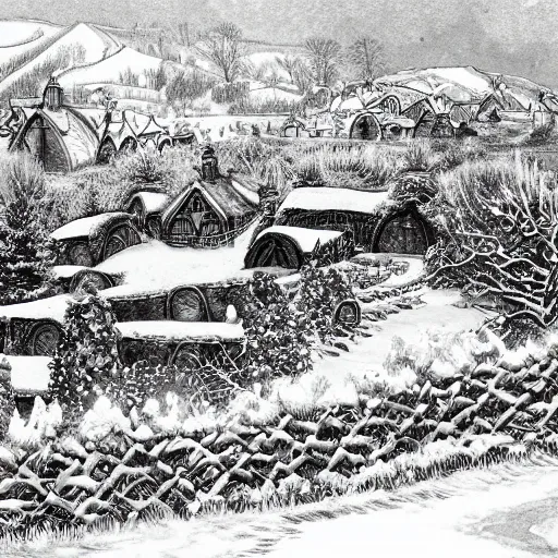 Prompt: detailed illustration of hobbiton in winter, from the lord of the rings