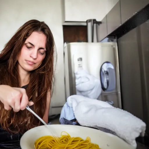 Prompt: photo of a an israeli woman, with brown hair, washing pasta
