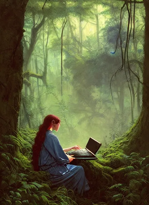 Image similar to computer in the woods by a stream, river gorgeous lighting, lush forest foliage blue sky a hyper realistic painting by chiara bautista and beksinski and norman rockwell and greg rutkowski, tom bagshaw weta studio, and lucasfilm