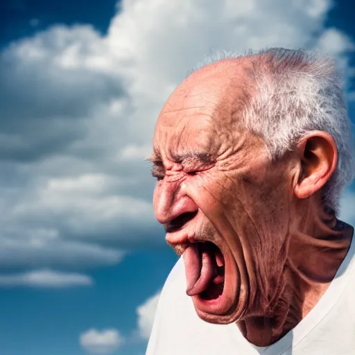 Image similar to portrait of an elderly man screaming at a cloud, ☁, canon eos r 3, f / 1. 4, iso 2 0 0, 1 / 1 6 0 s, 8 k, raw, unedited, symmetrical balance, wide angle