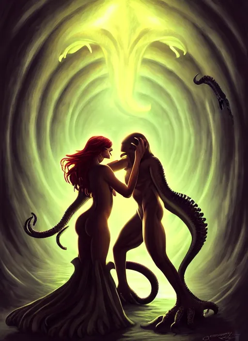 Image similar to mills and boon romance novel cover with cthulhu and fabio, they are in love, digital painting, artstation, concept art, smooth, sharp focus, warm lighting,