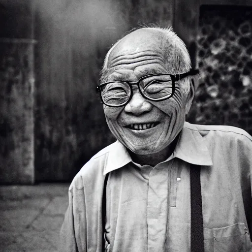 Image similar to a character portrait photo of a smiling old japanese man, hopeful, photojournalism, war photography, adobe, canon, nikon, flickr contest winner, neo-expressionism, art photography, busy background, hyperrealism, chiaroscuro, anamorphic lens flare, elegant, shallow depth of field, haze, volumetric lighting, photo taken with provia, 24mm, f1.8, by Filip Hodas, by Andrew Domachowski