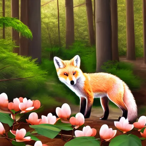 Image similar to small red fox in a forest full of white magnolias, fantasy, photorealistic, highly detailed