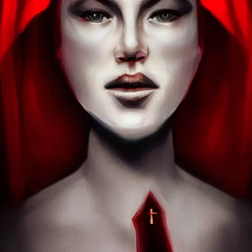 Image similar to shameless woman whis impudent facial expression, shadow of catholic church cross, elegant, dark and mysterious, atmospheric, red, trending on artstation, highly detailed, digital painting, volumetric light, concept art, illustration