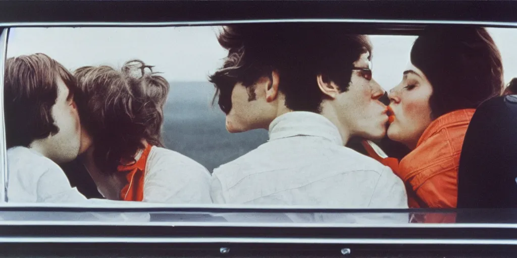 Image similar to 1 9 7 0 s car window closeup, young man and woman kissing in the back seat, coloured film photography, elliott erwitt photography