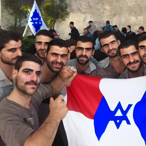 Prompt: a group of men holding another man's nose, his nose is 3 meters wide, super realistic, in the background is the israeli flag, very detailed.