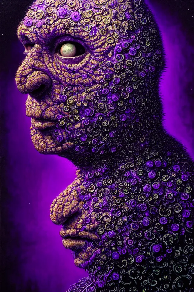 Image similar to bizarre purple blacklight detailed renaissance portrait of cookie monster as a highly detailed realistic real life person, dramatic cinematic lighting, 8 k, beautiful intricate painting by james r eads and tomasz alen kopera