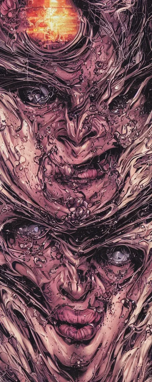 Image similar to closeup of face melting in agony, inside dark oil, frontal picture, by masamune shirow, josan gonzales and dan mumford