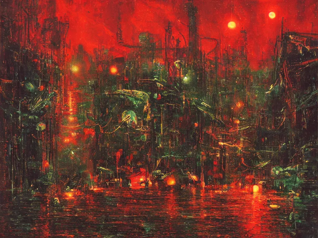 Prompt: river boats speeding between tree houses on flooded streets of new york painting, red and green palette, night lights, starry sky, by ( h. r. giger ) and paul lehr