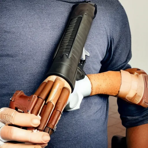 Image similar to human with a shotgun as a prosthetic hand