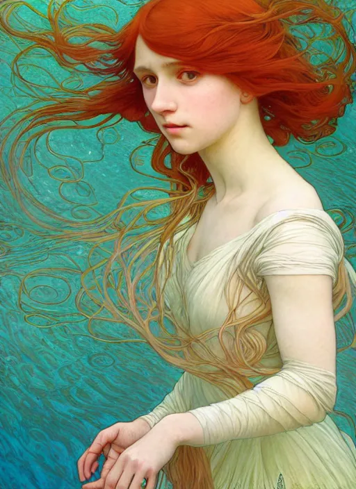 Image similar to young woman resembling alicia vikander with long red hair, wearing a dress, floating underwater, path traced, highly detailed, high quality, digital painting, by studio ghibli and alphonse mucha, leesha hannigan, hidari, art nouveau, chiho aoshima, jules bastien - lepage