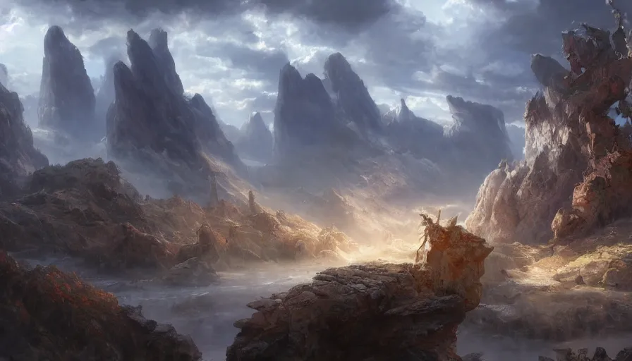Image similar to excellent painted ancient daemon in an epic landscape in another dimension with fluffy clouds, painted by Hans Fredrik Gude, Greg Rutkowksi, Craig Mullins and Artgerm, concept art 2022, 4k, ultra realistic highly detailed oil painting