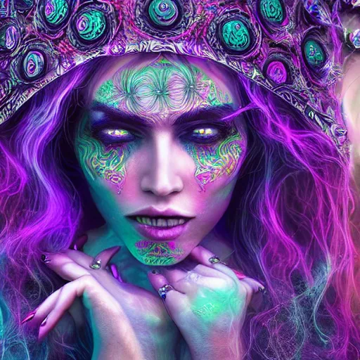 Image similar to psychadelic witch, beautiful face, hyper detailed, flowing psychadelic background intricate and detailed, ornate 8 k gorgeous intricate detailed, octane render