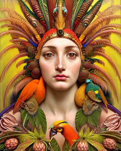 Image similar to hyperrealistic detailed face portrait of the beautiful goddess of the golden pheasants with an intricate headgear of golden pheasant, red berries, leaves, field flowers, pears, apples, art by ernst haeckel, john william godward, android jones, alphonso mucha, h. r. giger, gothic - cyberpunk, ornamental, beautiful deep colours,