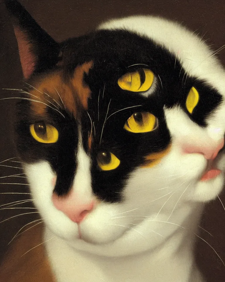 Prompt: close up portrait of a calico cat by vermeer. black background, three - point lighting, enchanting.