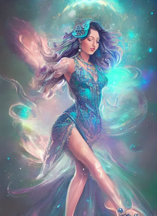 Image similar to a highly detailed illustration of elegant goddess wearing cosmic galxaxy patterned dress, elegant floating pose, beautiful detailed figure, nebula background, intricate, elegant, highly detailed, centered, digital painting, artstation, concept art, smooth, sharp focus, league of legends concept art, wlop