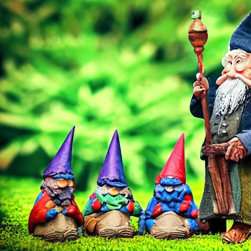 Image similar to garden gnomes bilbo's birthday party, gandalf, fireworks, frodo, pippin, merry, cute, tilt shift, award winning, highly textured