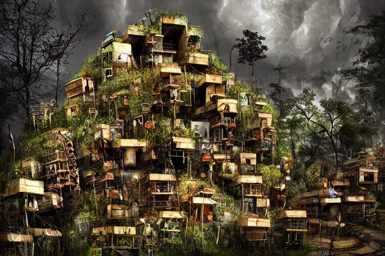 Image similar to favela fungus beehive, wooded environment, industrial factory, apocalyptic, award winning art, epic dreamlike fantasy landscape, ultra realistic,