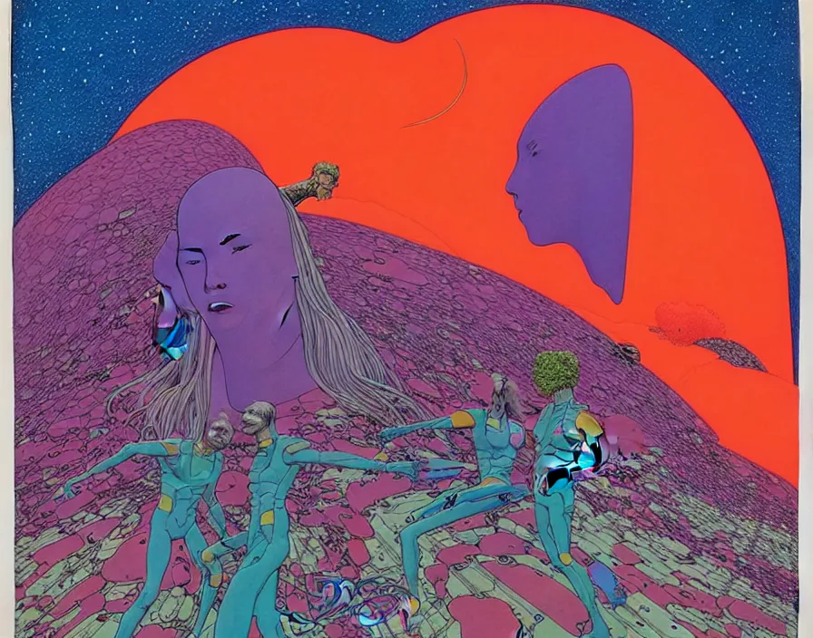 Image similar to ( ( ( ( the end ) ) ) ) by mœbius!!!!!!!!!!!!!!!!!!!!!!!!!!!, overdetailed art, colorful, artistic record jacket design