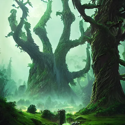 Image similar to green tree giant ents, tree giant, epic fantasy style, in the style of Greg Rutkowski, hearthstone artwork