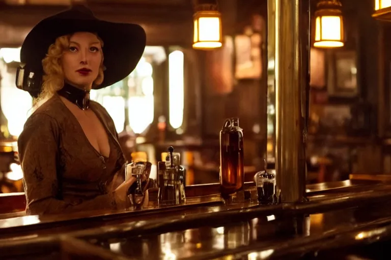 Prompt: cinematography of a beautiful cyborg woman in a vintage western bar alone asking for a drink by Emmanuel Lubezki