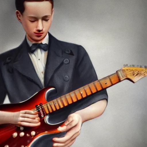 Image similar to 1940's man playing an electric guitar, photorealistic art, hd, 8k, intricate details, high definition, real life