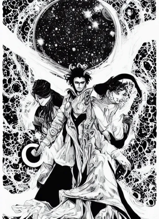 Image similar to black and white pen and ink!!!!!!! Johnny Depp x Ryan Gosling wearing cosmic space robes made of stars final form flowing royal hair golden!!!! Vagabond!!!!!!!! floating magic swordsman!!!! glides through a beautiful!!!!!!! Camellia flower battlefield dramatic esoteric!!!!!! Long hair flowing dancing illustrated in high detail!!!!!!!! by Moebius and Hiroya Oku!!!!!!!!! graphic novel published on 2049 award winning!!!! full body portrait!!!!! action exposition manga panel black and white Shonen Jump issue by David Lynch eraserhead and beautiful line art Hirohiko Araki!! Rossetti, Millais, Mucha, Jojo's Bizzare Adventure, baroque bedazzled gothic royalty frames surrounding a pixelsort emo demonic horrorcore japanese Edward Scissorhands, sharpened early computer graphics, remastered chromatic aberration, spiked korean bloodmoon sigil stars draincore, gothic demon hellfire hexed witchcore aesthetic, dark vhs gothic hearts, neon glyphs spiked with red maroon glitter breakcore art