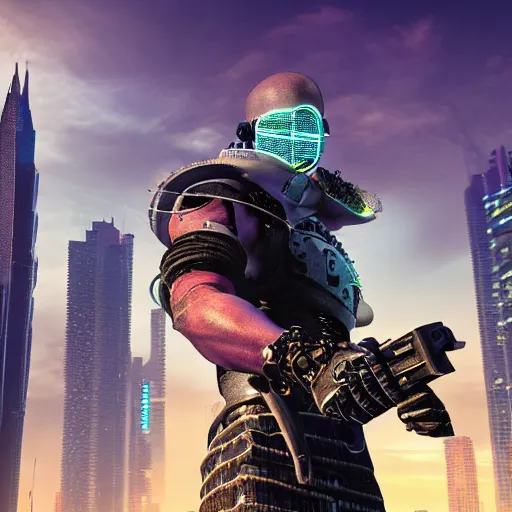 Prompt: hyper realistic cyberpunk with warrior in front ob big sky scrapers, person holding a sword and a pistol