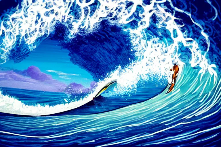 Prompt: surfer surfing into a tubular ocean wave that is a portal to a cyber dimension