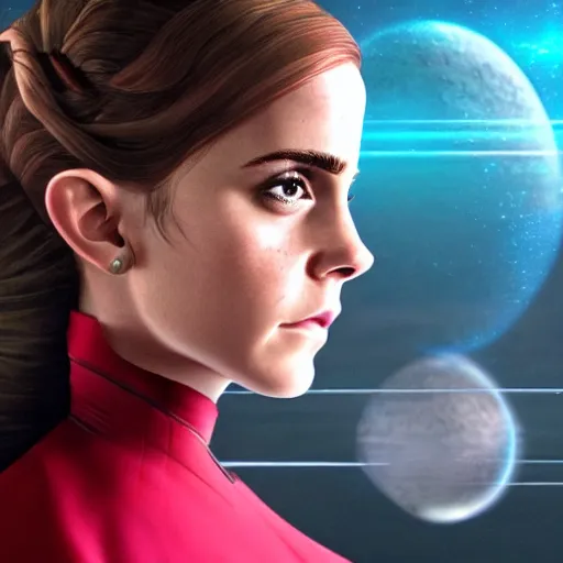 Image similar to a portrait of emma watson as a star fleet officer from star trek next generation, ultra rendered extreme realism and detail, 8 k, highly detailed, realistic, completely framed, pbr, surreal, hyper realistic, colorful, direct lighting, 3 5 mm photo, photorealistic, sharp focus