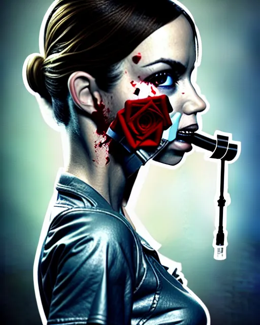Image similar to a rogue agent wearing oxygen mask, has blood, rose, a pistol and a syringe needle with sea background intricate details with horror side profile by Sandra Chevrier in 8k render dramatic light