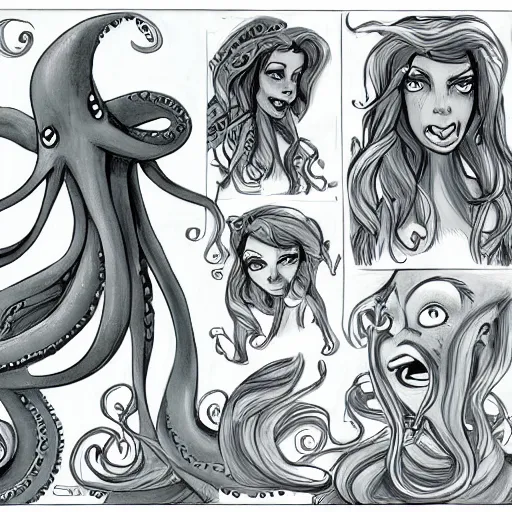 Prompt: a cartoon character of a human - octopus, character - portrait, ursula the sea witch, deviantart, sots art, lovecraftian, grotesque, creepypasta, by glen keane, disney