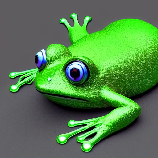 Image similar to A frog made of high-tech metal with green neon lights, highly-detailed, accurate, 3D render